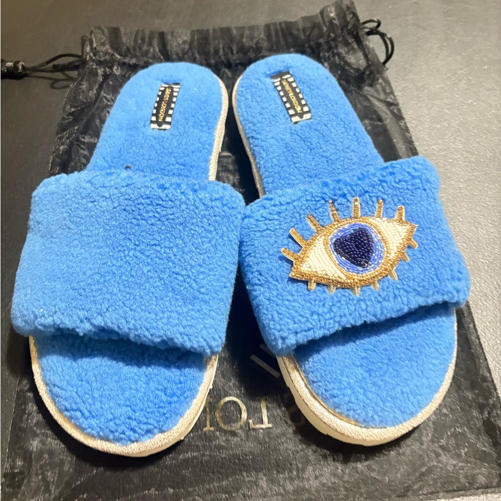 Laines London Teddy Towelling Slipper Sliders With Artisan Gold Eye Large